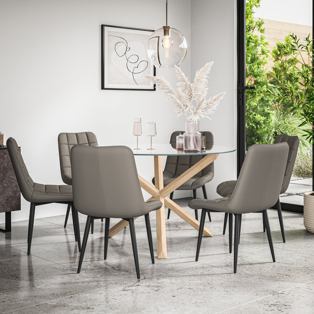 Malvern Round Dining Table And Chairs -  Clear Glass Table Top w Solid Oak Legs + Nova Dining Chair Set of 4/6