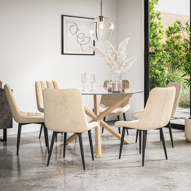 Malvern Round Dining Table And Chairs -  Clear Glass Table Top w Solid Oak Legs + Nova Dining Chair Set of 4/6