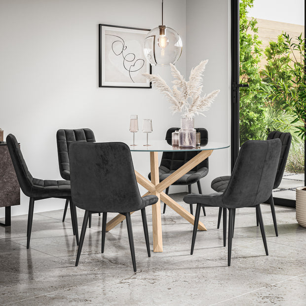 Malvern Round Dining Table And Chairs -  Clear Glass Table Top w Solid Oak Legs + Nova Dining Chair Set of 4/6