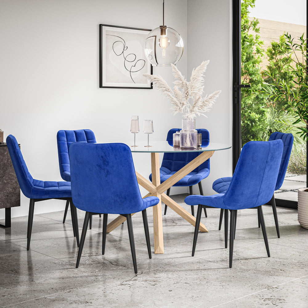 Malvern Round Dining Table And Chairs -  Clear Glass Table Top w Solid Oak Legs + Nova Dining Chair Set of 4/6