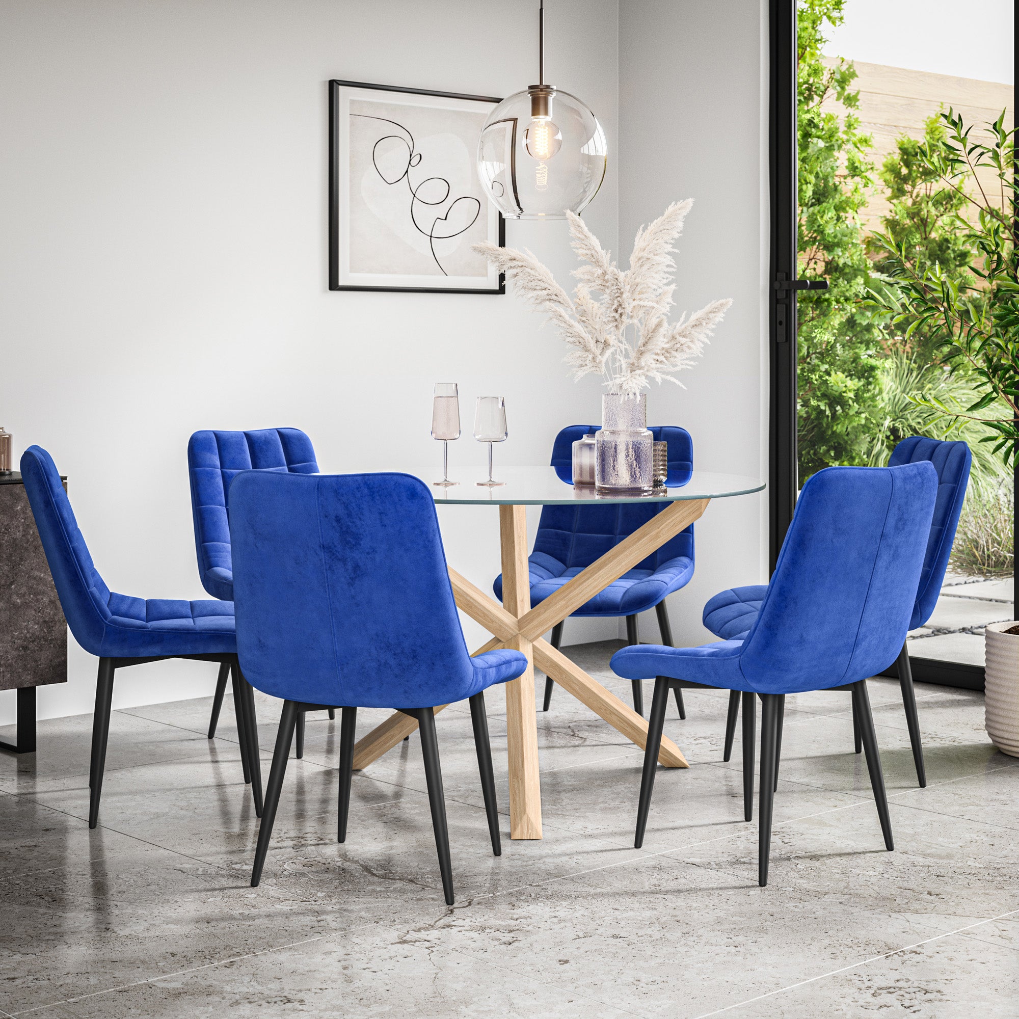 Malvern Round Dining Table And Chairs -  Clear Glass Table Top w Solid Oak Legs + Nova Dining Chair Set of 4/6