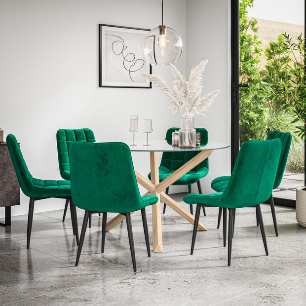 Malvern Round Dining Table And Chairs -  Clear Glass Table Top w Solid Oak Legs + Nova Dining Chair Set of 4/6
