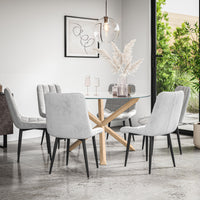 Malvern Round Dining Table And Chairs -  Clear Glass Table Top w Solid Oak Legs + Nova Dining Chair Set of 4/6