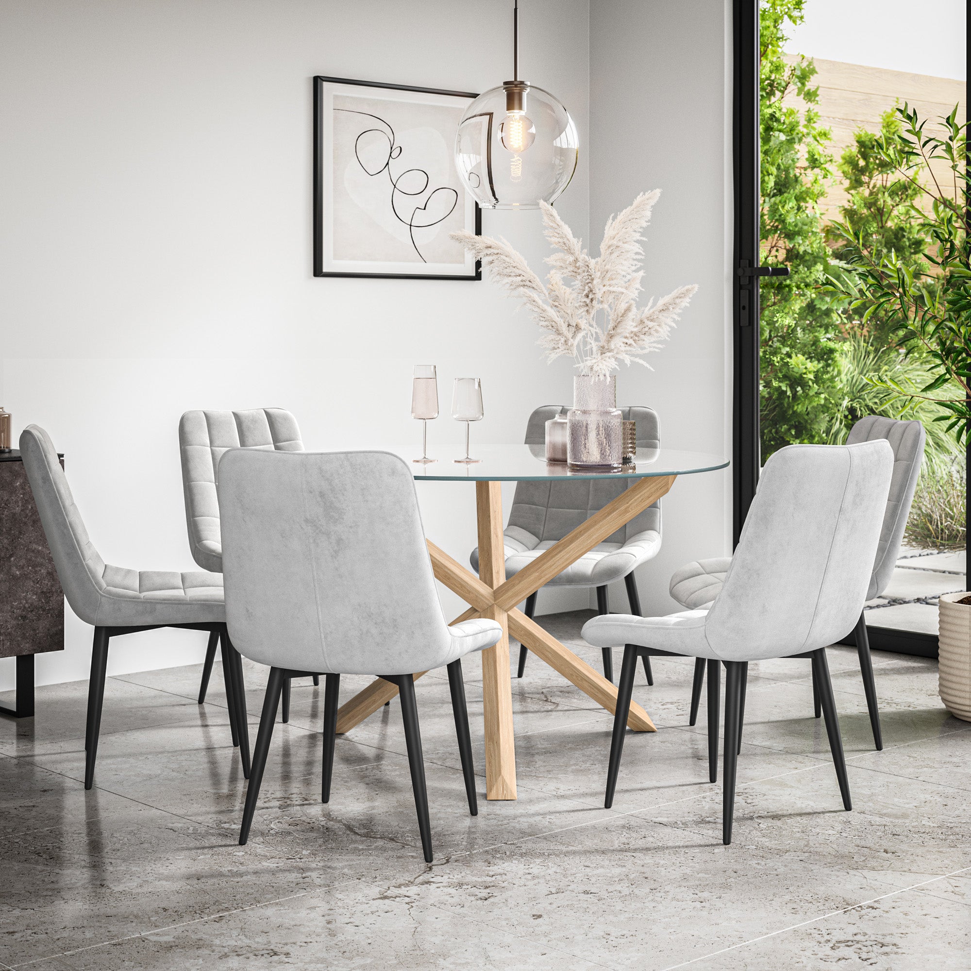 Malvern Round Dining Table And Chairs -  Clear Glass Table Top w Solid Oak Legs + Nova Dining Chair Set of 4/6