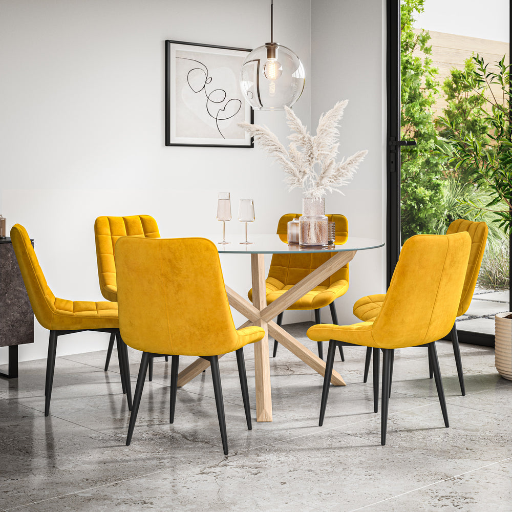 Malvern Round Dining Table And Chairs -  Clear Glass Table Top w Solid Oak Legs + Nova Dining Chair Set of 4/6