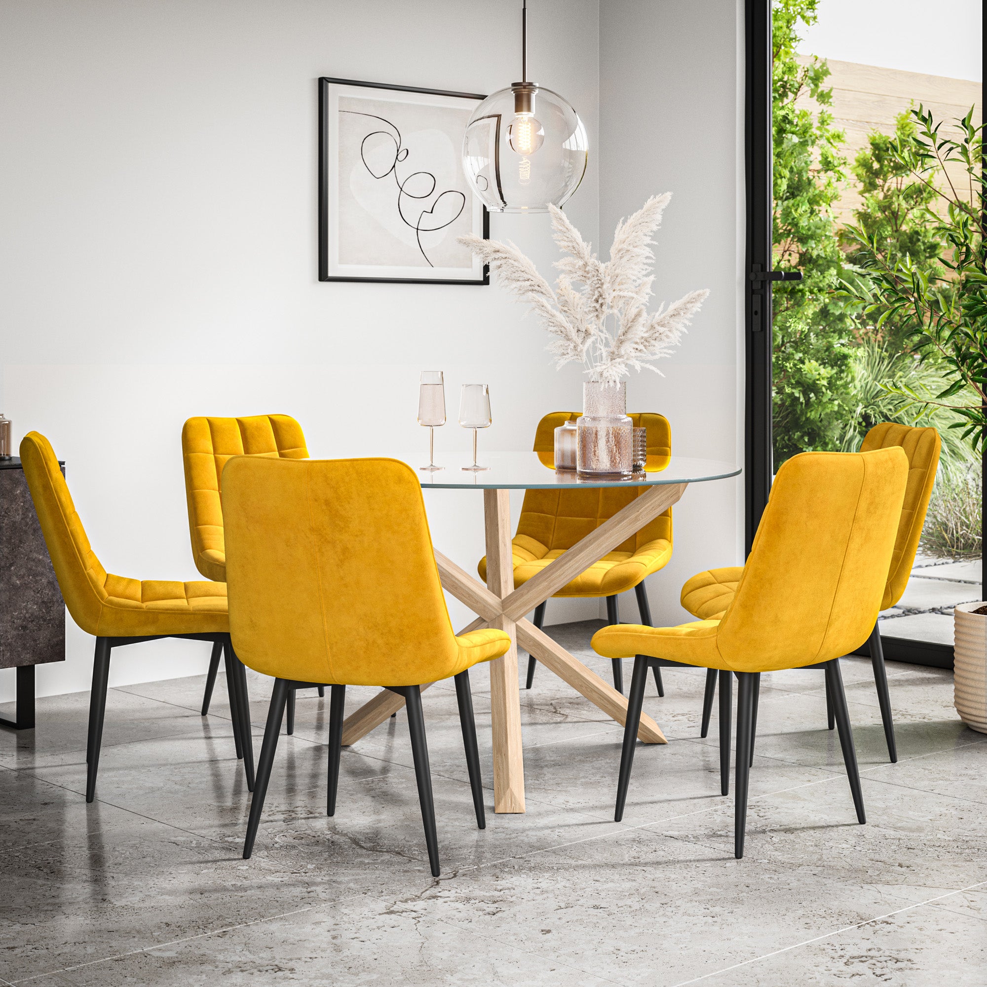 Malvern Round Dining Table And Chairs -  Clear Glass Table Top w Solid Oak Legs + Nova Dining Chair Set of 4/6