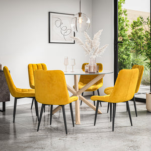Malvern Round Dining Table And Chairs -  Clear Glass Table Top w Solid Oak Legs + Nova Dining Chair Set of 4/6