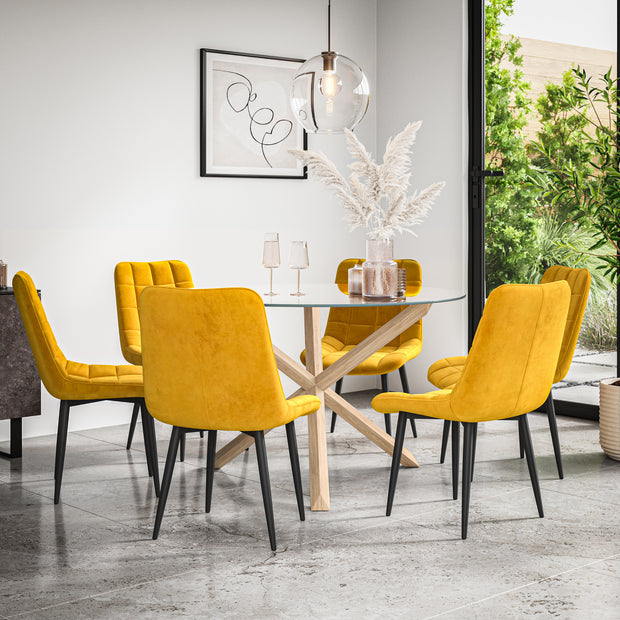 Malvern Round Dining Table And Chairs -  Clear Glass Table Top w Solid Oak Legs + Nova Dining Chair Set of 4/6