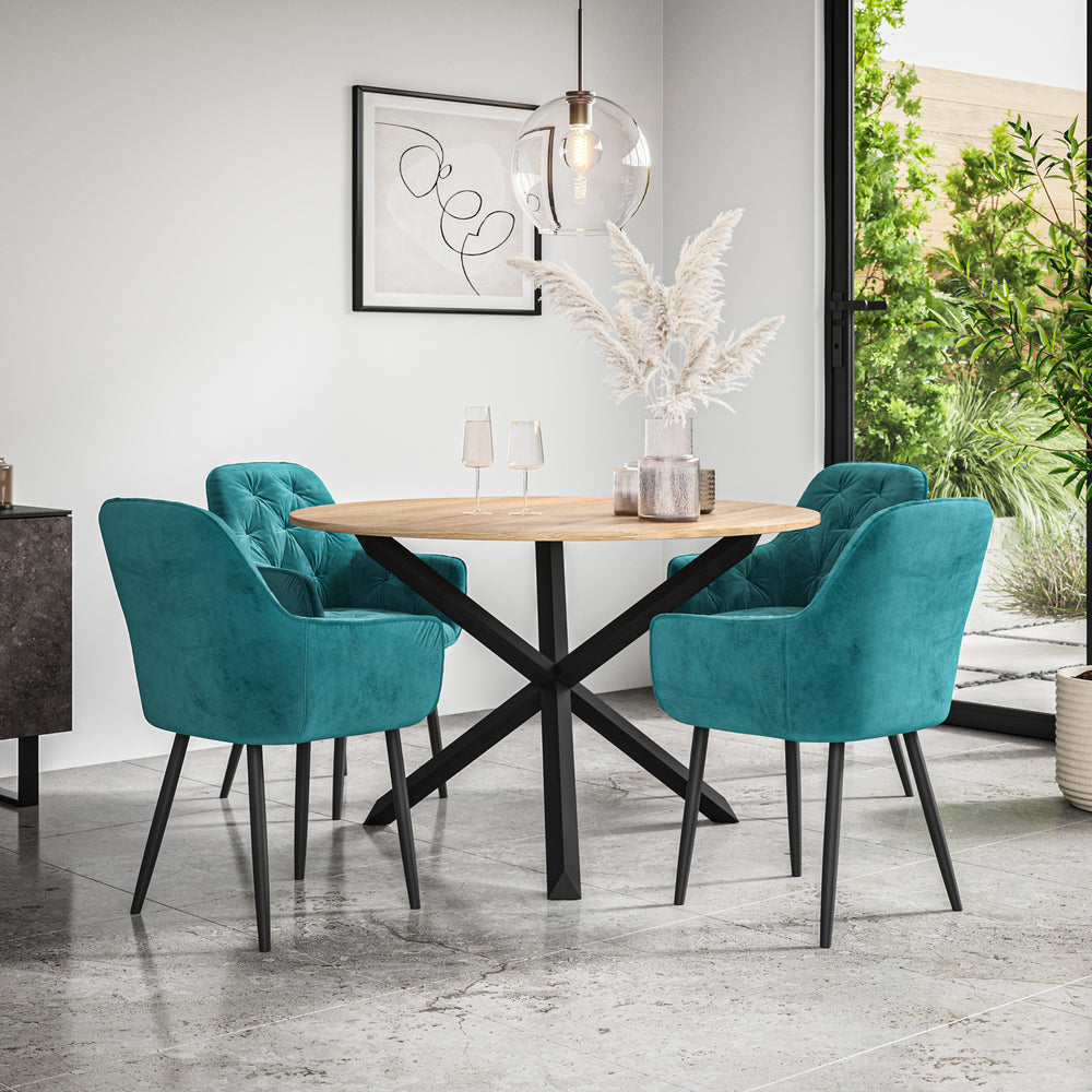 Malvern Round Dining Table And Chairs -  Oak Table Top w Solid Oak Black Legs + Anika Dining Chair Set of 4