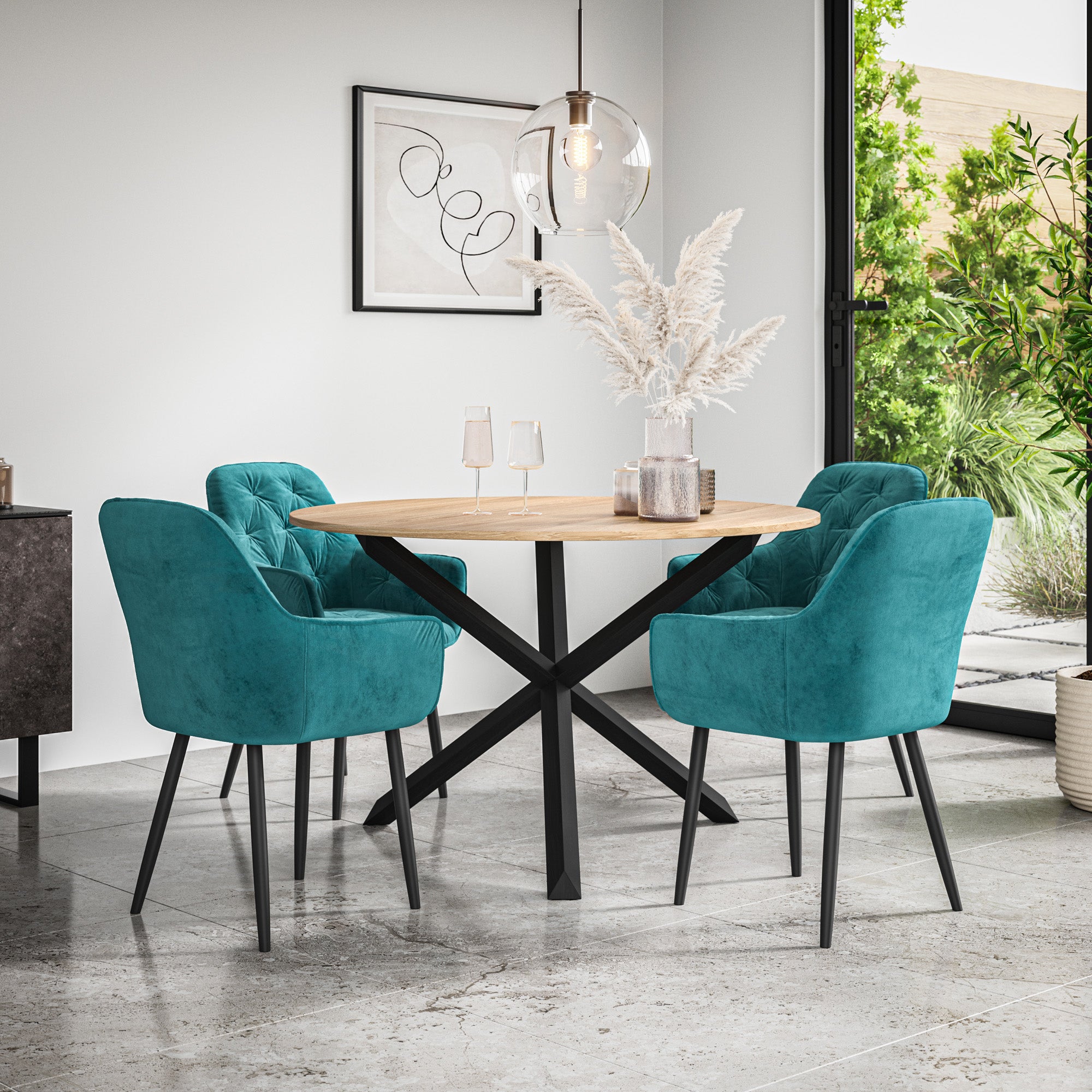 Malvern Round Dining Table And Chairs -  Oak Table Top w Solid Oak Black Legs + Anika Dining Chair Set of 4