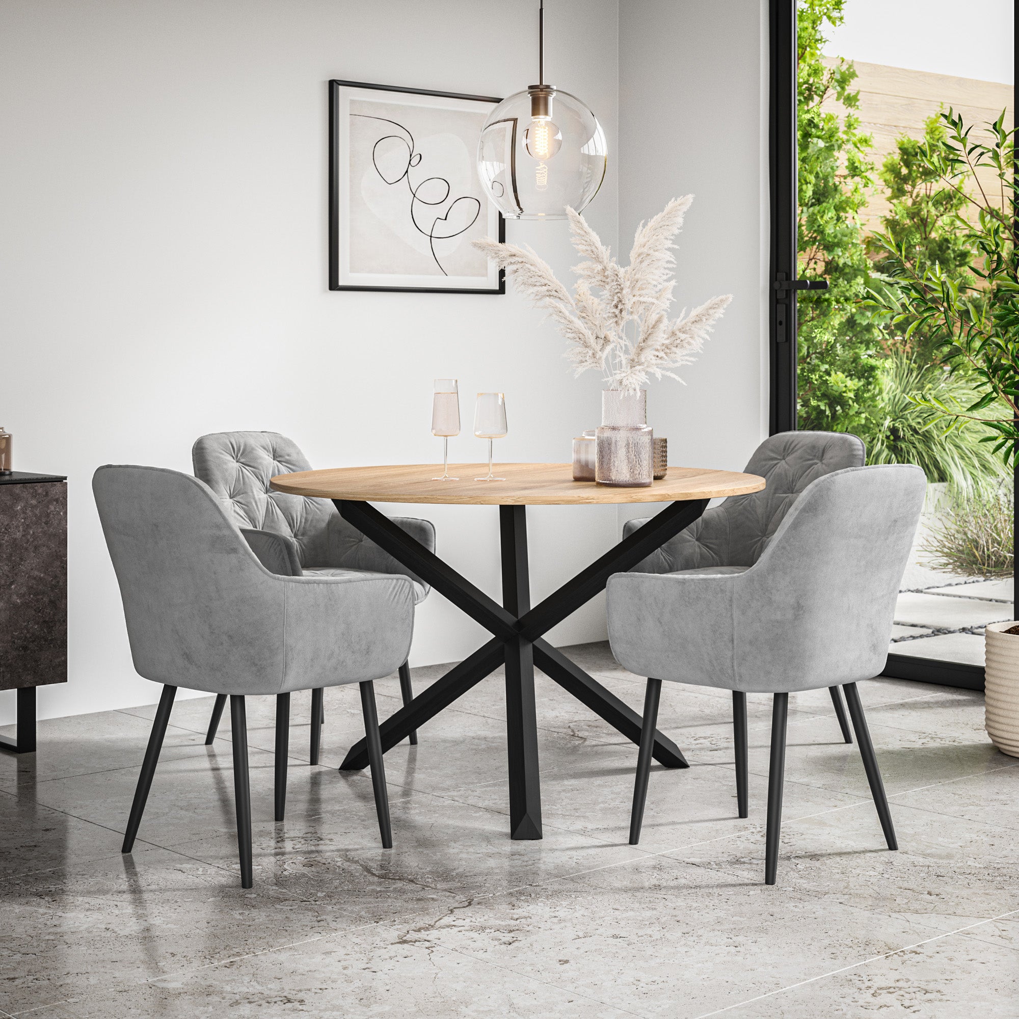 Malvern Round Dining Table And Chairs -  Oak Table Top w Solid Oak Black Legs + Anika Dining Chair Set of 4