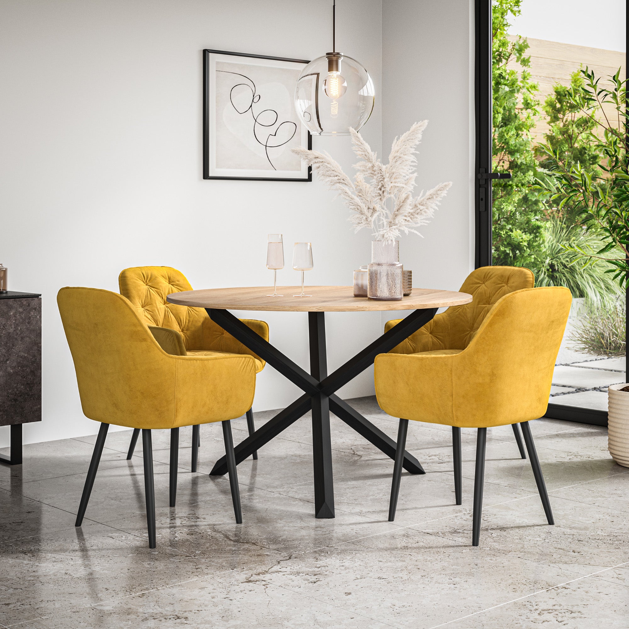 Malvern Round Dining Table And Chairs -  Oak Table Top w Solid Oak Black Legs + Anika Dining Chair Set of 4