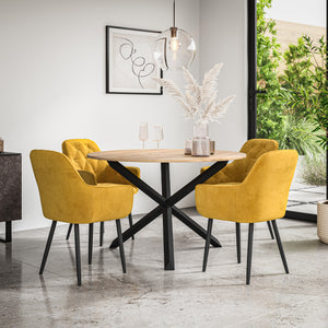 Malvern Round Dining Table And Chairs -  Oak Table Top w Solid Oak Black Legs + Anika Dining Chair Set of 4