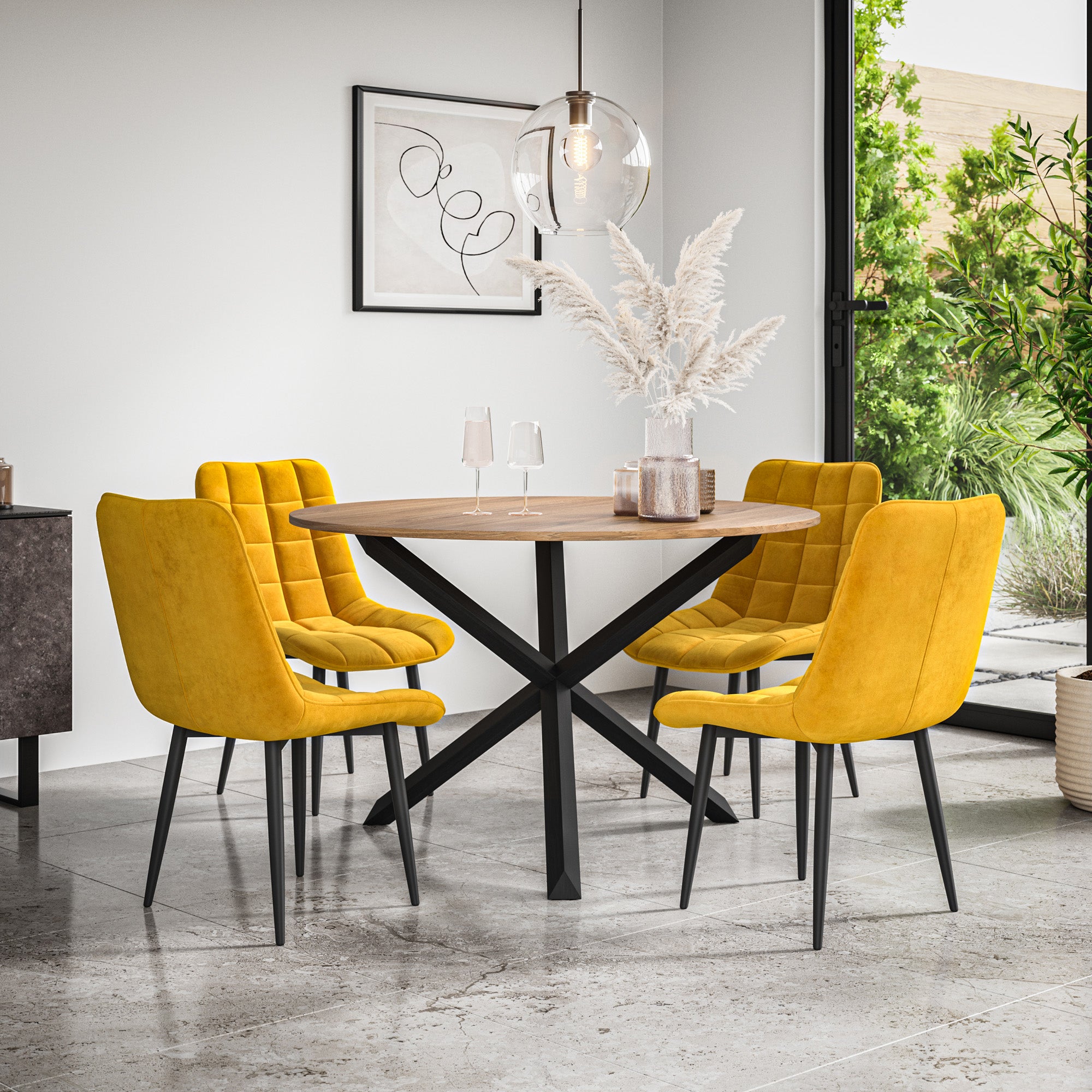 Malvern Round Dining Table And Chairs -  Oak Table Top w Solid Oak Black Legs + Nova Dining Chair Set of 4/6