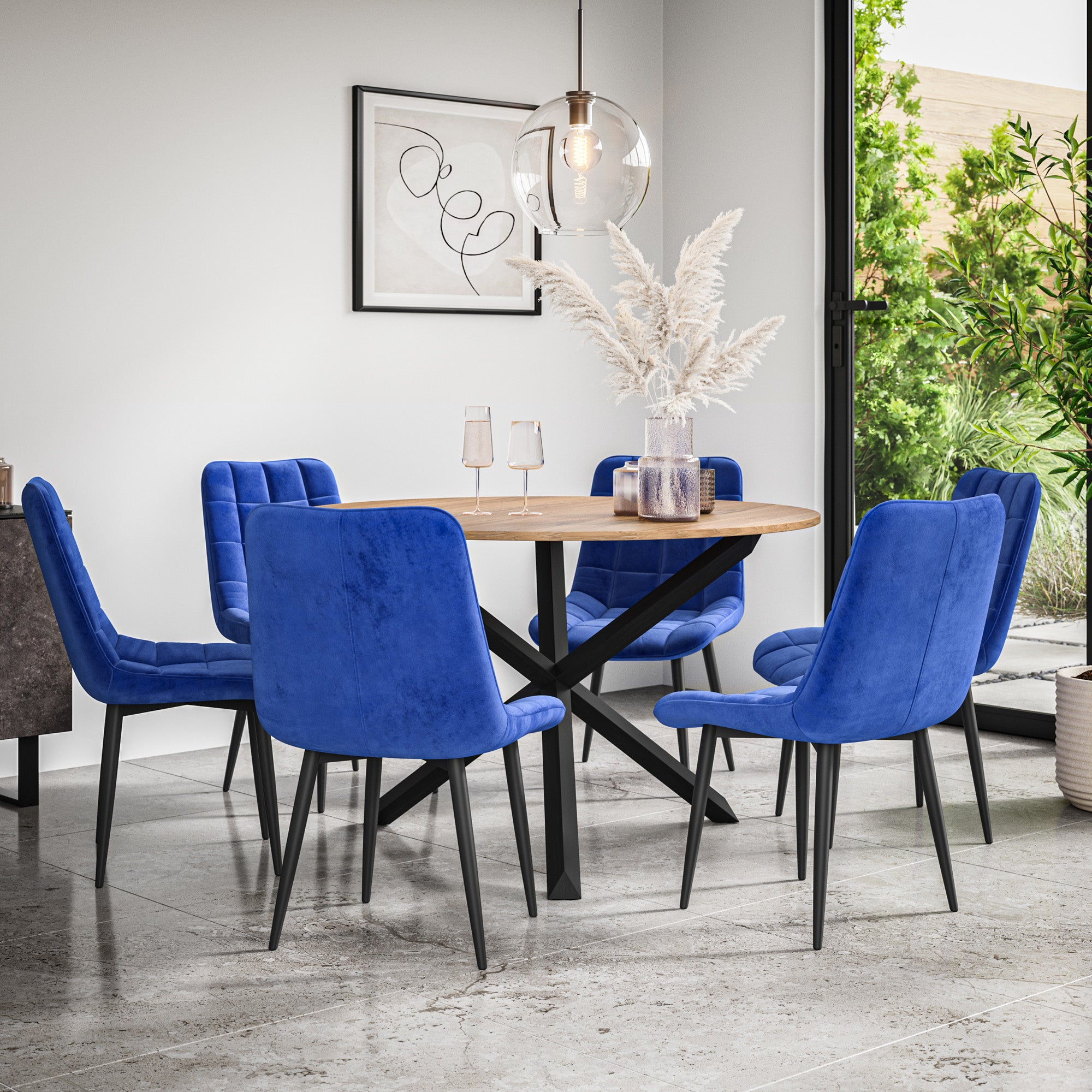 Malvern Round Dining Table And Chairs -  Oak Table Top w Solid Oak Black Legs + Nova Dining Chair Set of 4/6