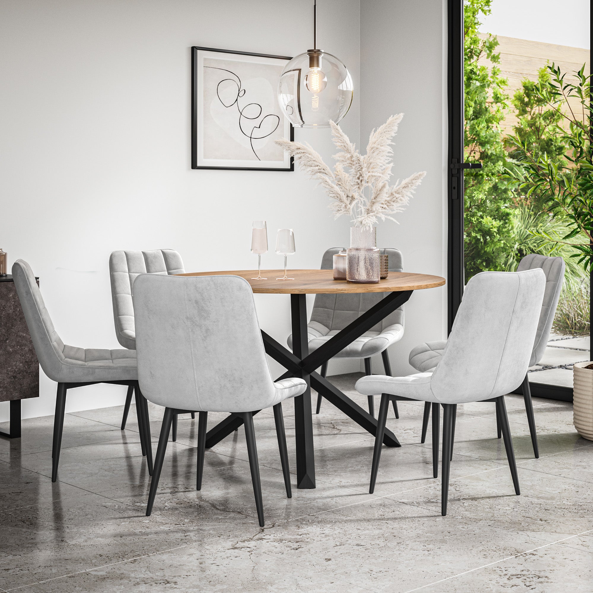 Malvern Round Dining Table And Chairs -  Oak Table Top w Solid Oak Black Legs + Nova Dining Chair Set of 4/6