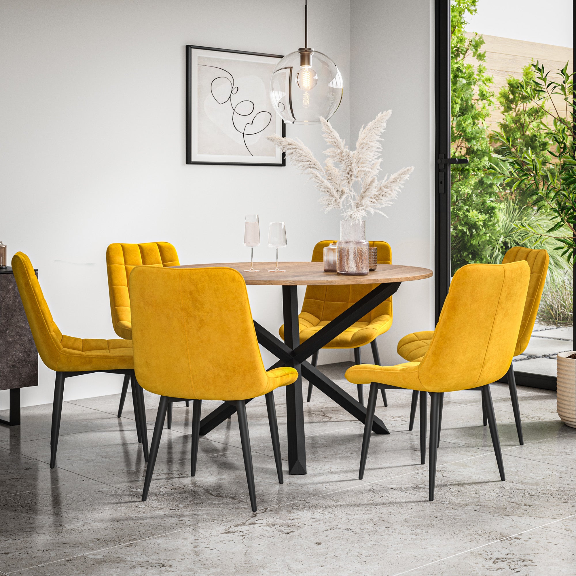 Malvern Round Dining Table And Chairs -  Oak Table Top w Solid Oak Black Legs + Nova Dining Chair Set of 4/6