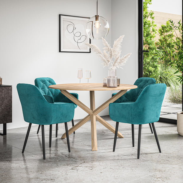 Malvern Round Dining Table And Chairs -  Oak Table Top w Solid Oak Legs + Anika Dining Chair Set of 4