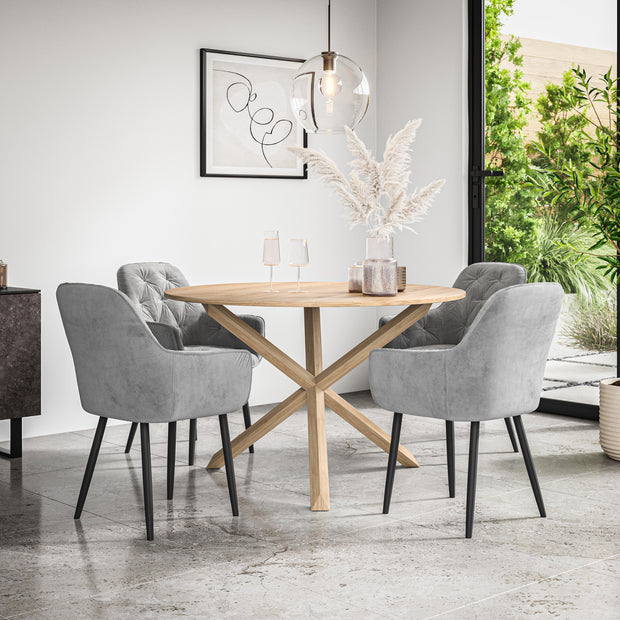 Malvern Round Dining Table And Chairs -  Oak Table Top w Solid Oak Legs + Anika Dining Chair Set of 4