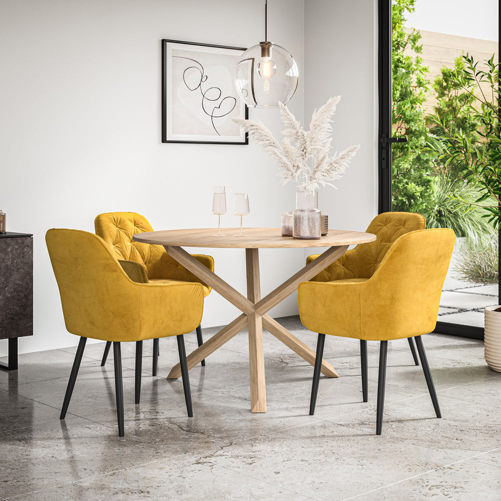Malvern Round Dining Table And Chairs -  Oak Table Top w Solid Oak Legs + Anika Dining Chair Set of 4