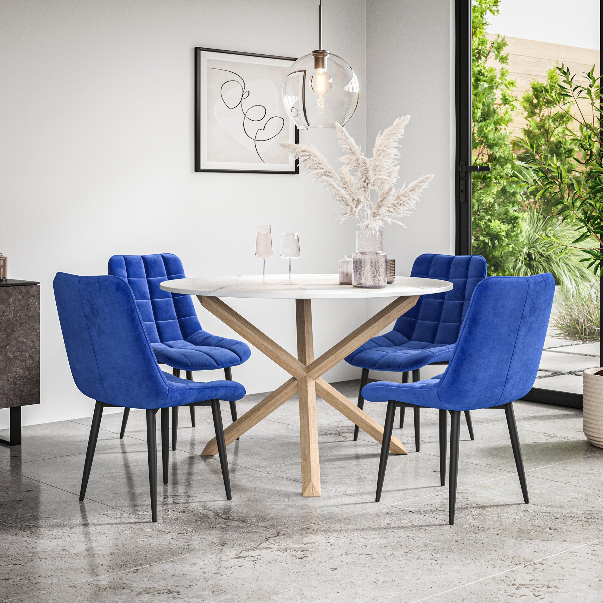 Malvern Round Dining Table And Chairs -  Marble Table Top w Solid Oak Legs + Nova Dining Chair Set of 4/6