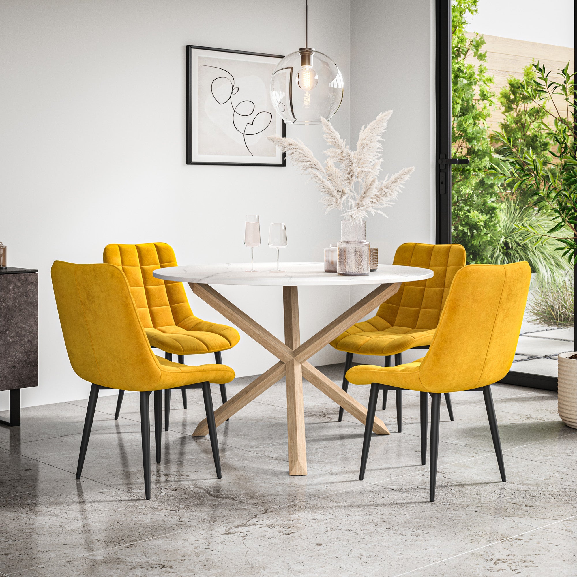 Malvern Round Dining Table And Chairs -  Marble Table Top w Solid Oak Legs + Nova Dining Chair Set of 4/6