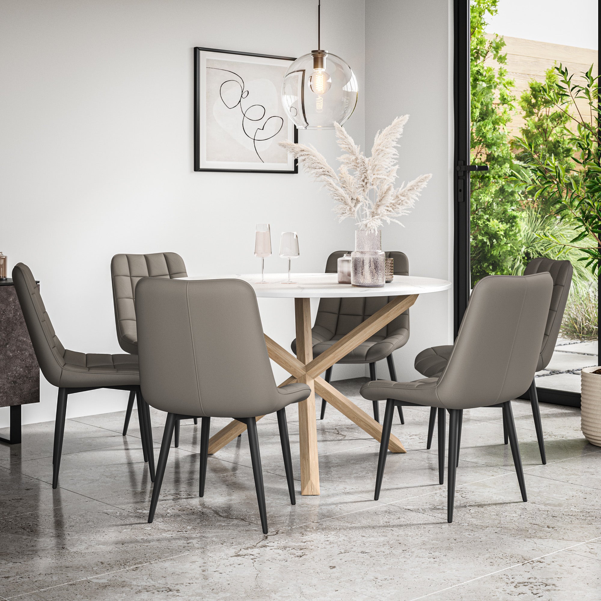 Malvern Round Dining Table And Chairs -  Marble Table Top w Solid Oak Legs + Nova Dining Chair Set of 4/6