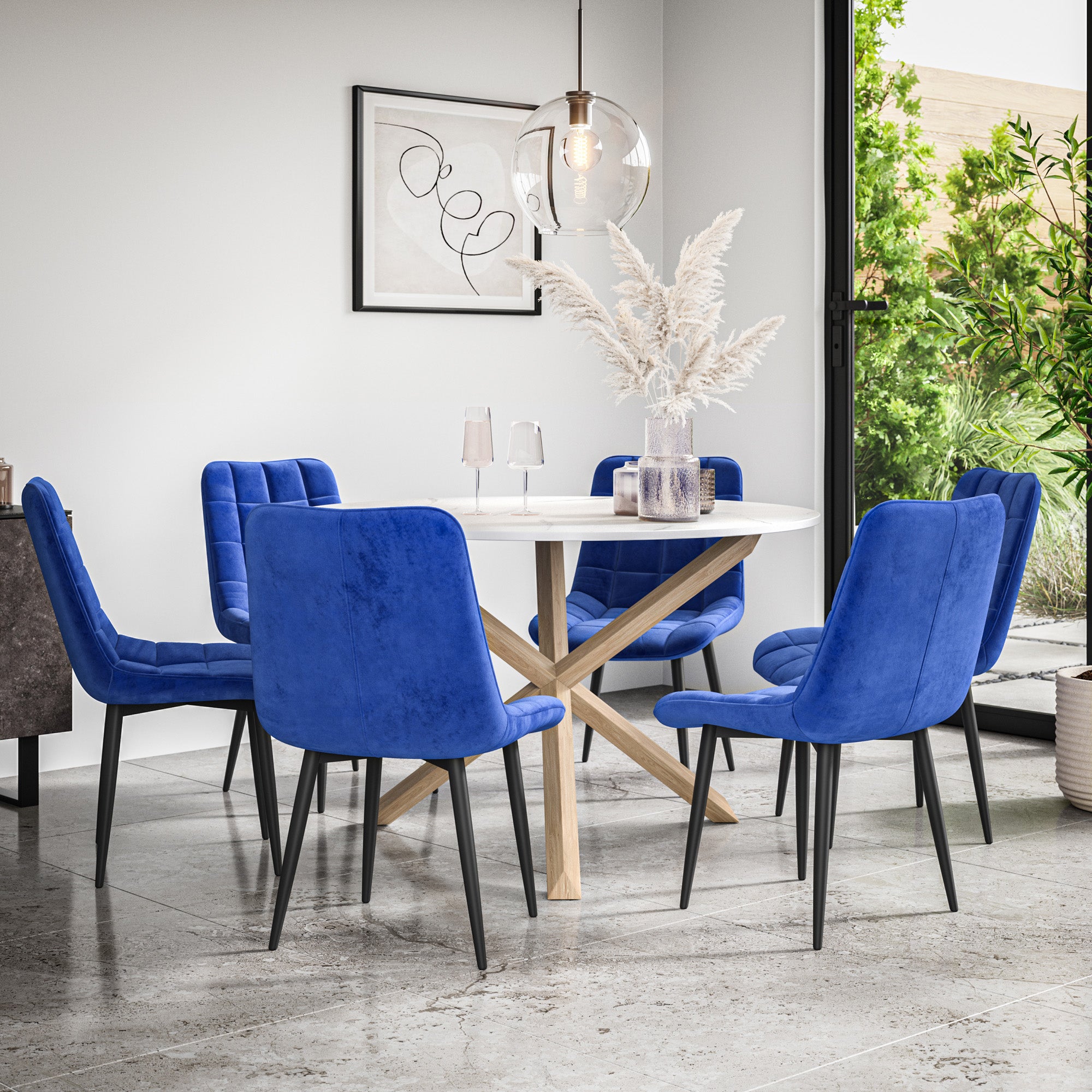 Malvern Round Dining Table And Chairs -  Marble Table Top w Solid Oak Legs + Nova Dining Chair Set of 4/6