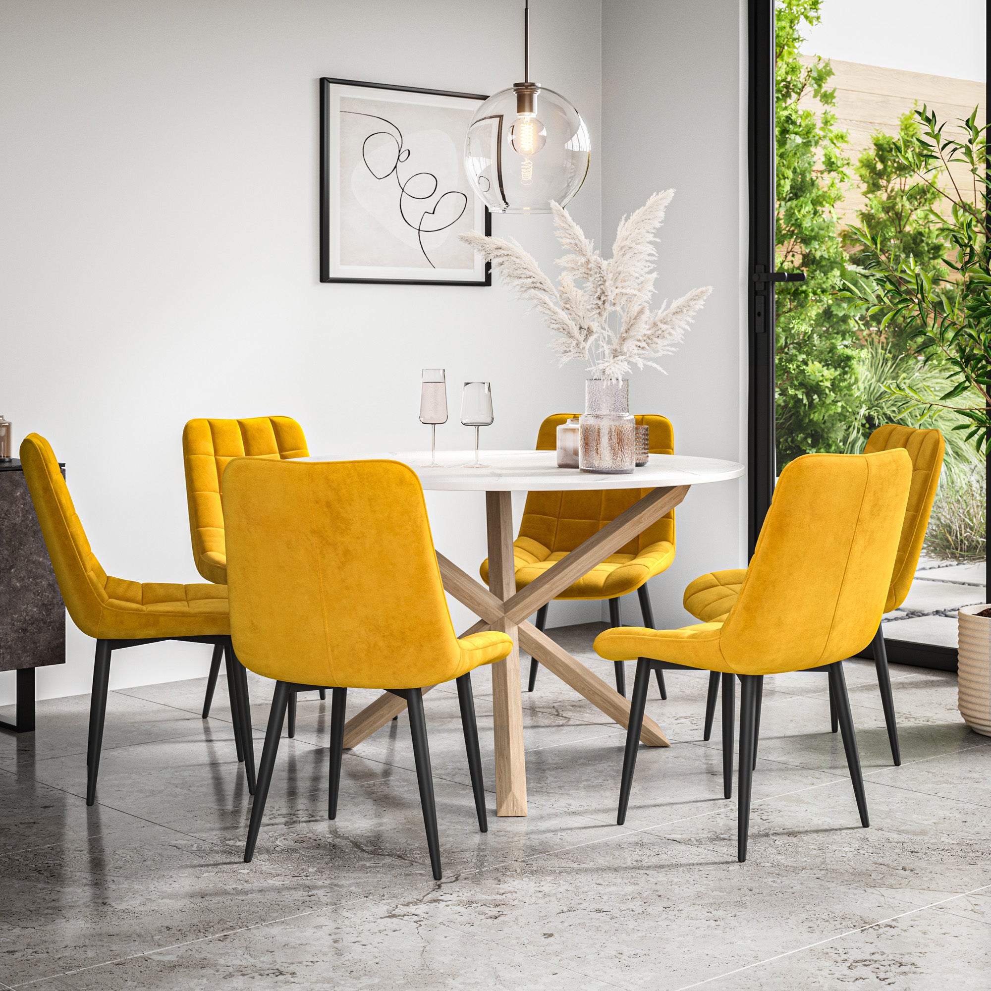 Malvern Round Dining Table And Chairs -  Marble Table Top w Solid Oak Legs + Nova Dining Chair Set of 4/6
