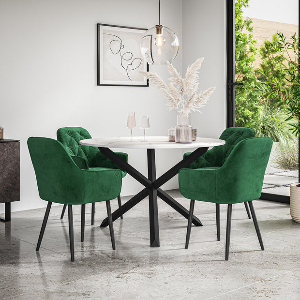 Malvern Round Dining Table And Chairs -  Marble Table Top w Solid Black Oak Legs + Anika Dining Chair Set Of 4