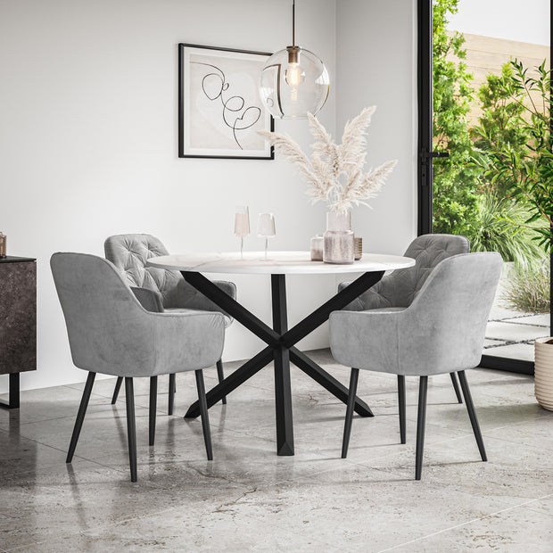 Malvern Round Dining Table And Chairs -  Marble Table Top w Solid Black Oak Legs + Anika Dining Chair Set Of 4