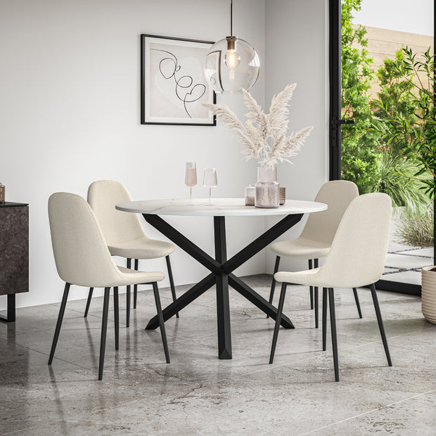 Malvern Round Dining Table And Chairs -  Marble Table Top w Solid Oak Black Legs + Maya Boucle Dining Chair Set of 4/6