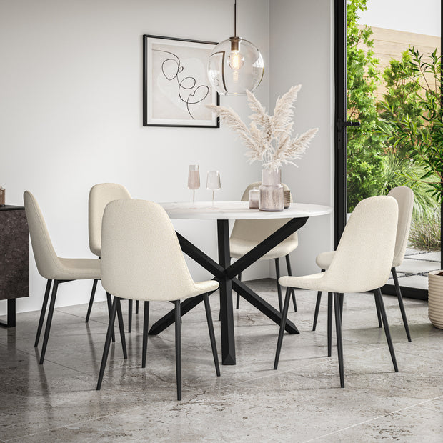 Malvern Round Dining Table And Chairs -  Marble Table Top w Solid Oak Black Legs + Maya Boucle Dining Chair Set of 4/6
