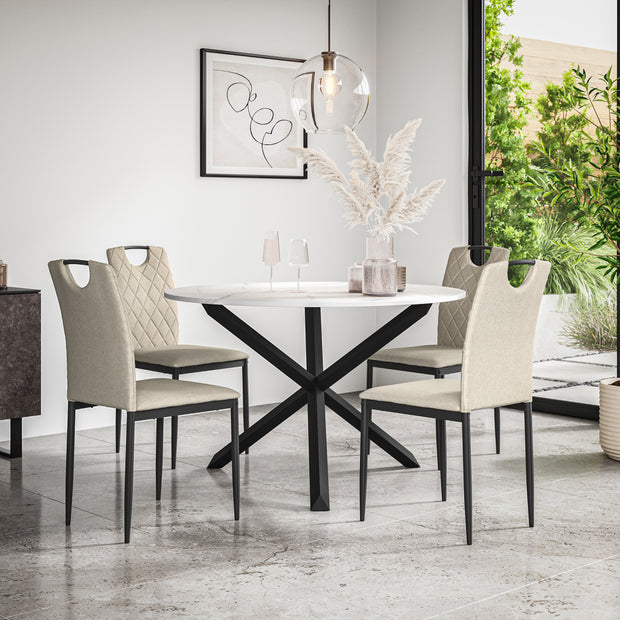 Malvern Round Dining Table And Chairs -  Marble Table Top w Solid Oak Black Legs + Monza Dining Chair Set of 4/6