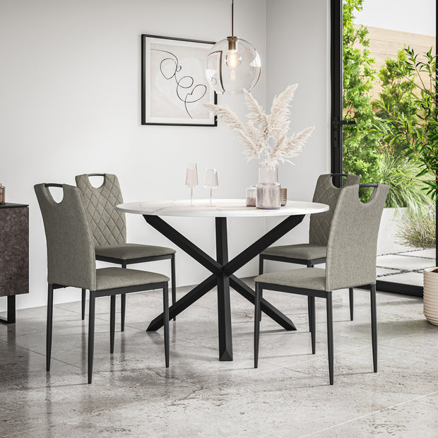 Malvern Round Dining Table And Chairs -  Marble Table Top w Solid Oak Black Legs + Monza Dining Chair Set of 4/6