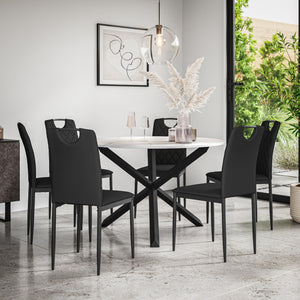 Malvern Round Dining Table And Chairs -  Marble Table Top w Solid Oak Black Legs + Monza Dining Chair Set of 4/6