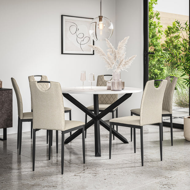 Malvern Round Dining Table And Chairs -  Marble Table Top w Solid Oak Black Legs + Monza Dining Chair Set of 4/6