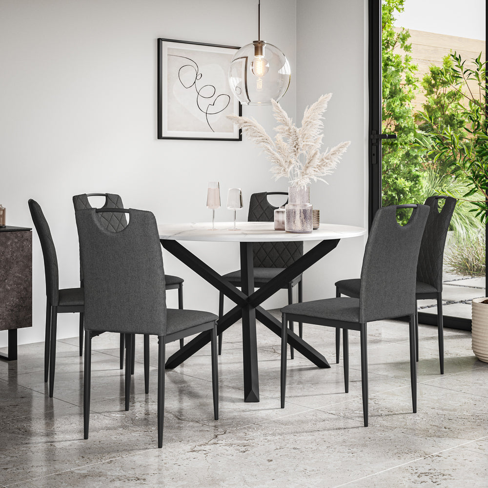 Malvern Round Dining Table And Chairs -  Marble Table Top w Solid Oak Black Legs + Monza Dining Chair Set of 4/6