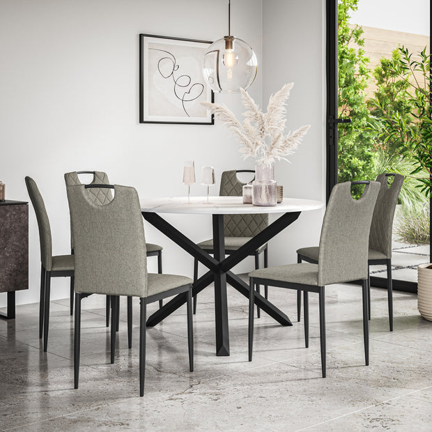 Malvern Round Dining Table And Chairs -  Marble Table Top w Solid Oak Black Legs + Monza Dining Chair Set of 4/6
