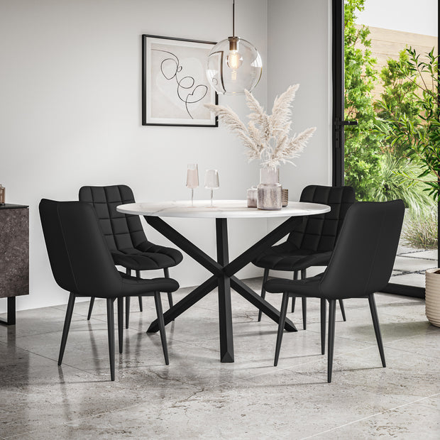 Malvern Round Dining Table And Chairs -  Marble Table Top w Solid Oak Black Legs + Nova Dining Chair Set of 4/6