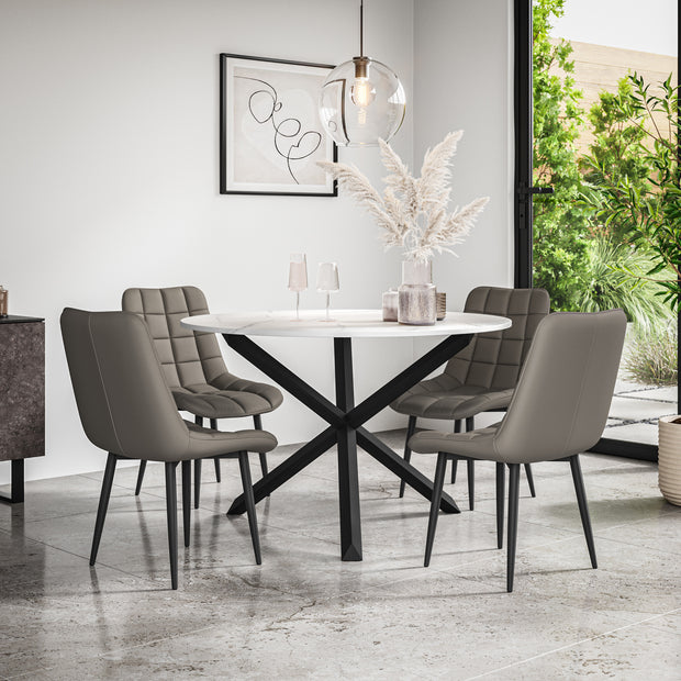 Malvern Round Dining Table And Chairs -  Marble Table Top w Solid Oak Black Legs + Nova Dining Chair Set of 4/6