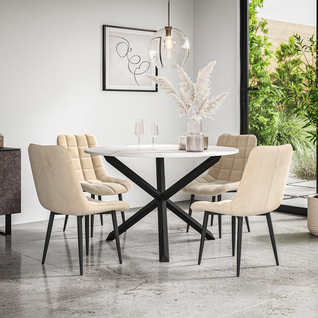 Malvern Round Dining Table And Chairs -  Marble Table Top w Solid Oak Black Legs + Nova Dining Chair Set of 4/6