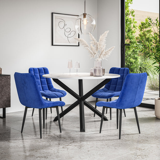 Malvern Round Dining Table And Chairs -  Marble Table Top w Solid Oak Black Legs + Nova Dining Chair Set of 4/6