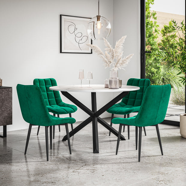 Malvern Round Dining Table And Chairs -  Marble Table Top w Solid Oak Black Legs + Nova Dining Chair Set of 4/6