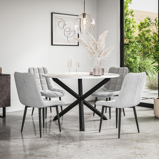 Malvern Round Dining Table And Chairs -  Marble Table Top w Solid Oak Black Legs + Nova Dining Chair Set of 4/6