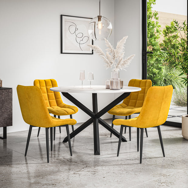 Malvern Round Dining Table And Chairs -  Marble Table Top w Solid Oak Black Legs + Nova Dining Chair Set of 4/6
