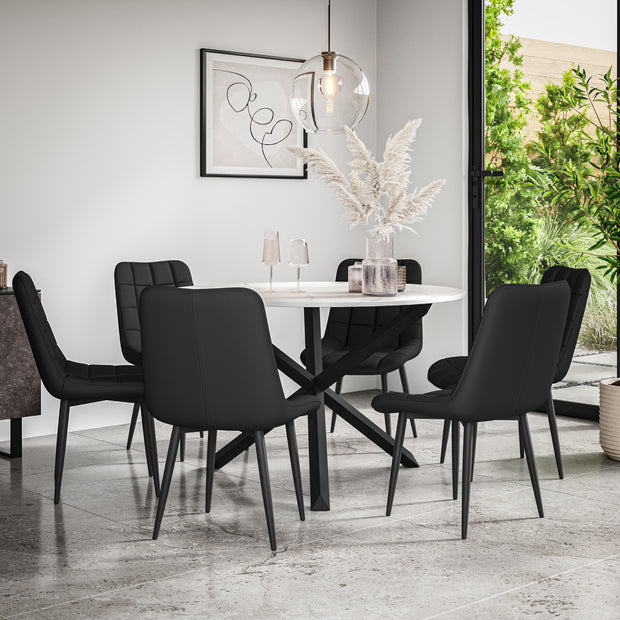 Malvern Round Dining Table And Chairs -  Marble Table Top w Solid Oak Black Legs + Nova Dining Chair Set of 4/6
