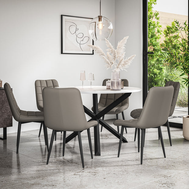 Malvern Round Dining Table And Chairs -  Marble Table Top w Solid Oak Black Legs + Nova Dining Chair Set of 4/6