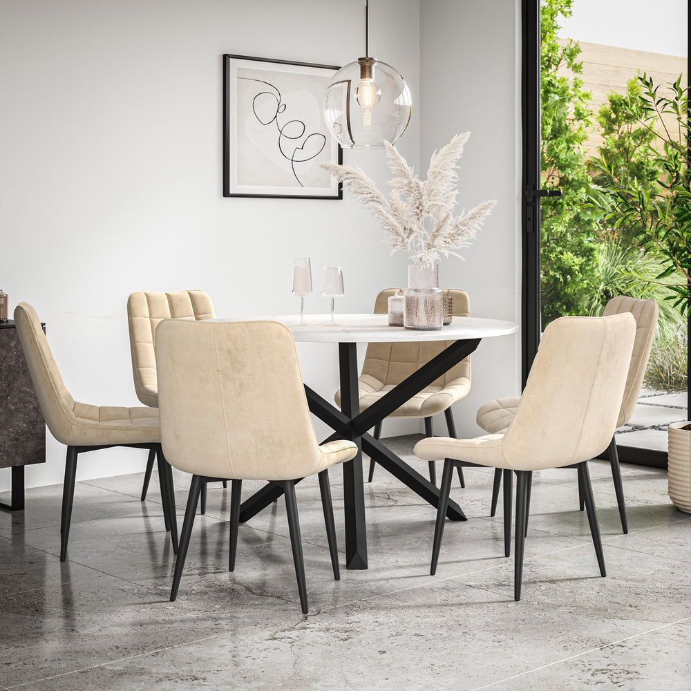 Malvern Round Dining Table And Chairs -  Marble Table Top w Solid Oak Black Legs + Nova Dining Chair Set of 4/6