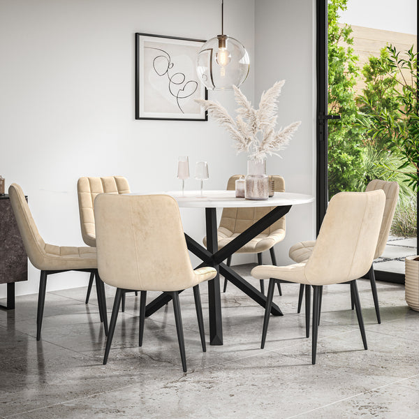 Malvern Round Dining Table And Chairs -  Marble Table Top w Solid Oak Black Legs + Nova Dining Chair Set of 4/6